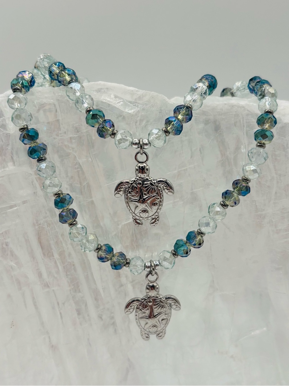 *ANKLET* S.Steel Abalone & AB Teal Blue Green Crystal Stretchy Anklet - Picture 6 of 7